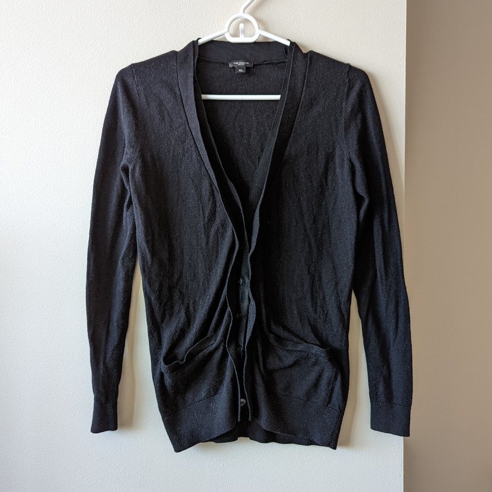 ANN TAYLOR Women Black Cardigan Pockets Long Sleeve Merino Wool Size XS